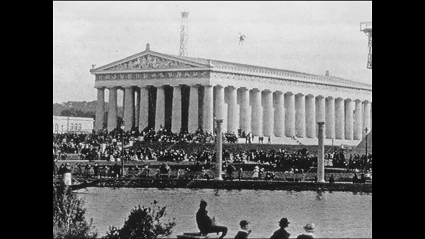 Rare 1897 historic photo of the Nashville Parthenon at Tennessee Centennial Exposition with a large crowd gathered outside
