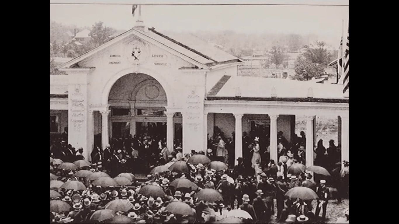 Crowd outside the 1897 Tennessee Centennial Exposition building showing why there is a Parthenon in Nashville Tennessee