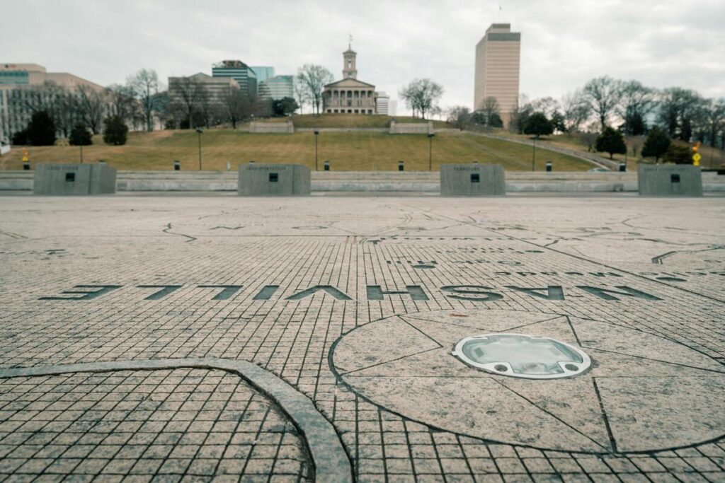 Tennessee State Capitol viewed from Bicentennial Mall with detailed state map pavement design in the foreground