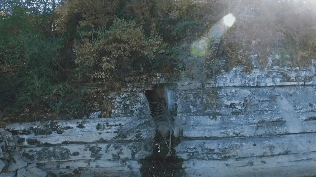 Entrance to Timothy Demonbreun Cave showing a rocky limestone cliff face with small entrance opening among vegetation