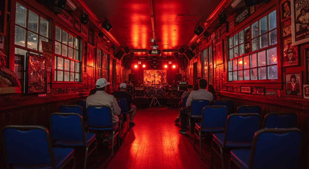 Red-lit interior of a narrow trailer bar with blue chairs facing a small stage and crowd wait to see performance 
