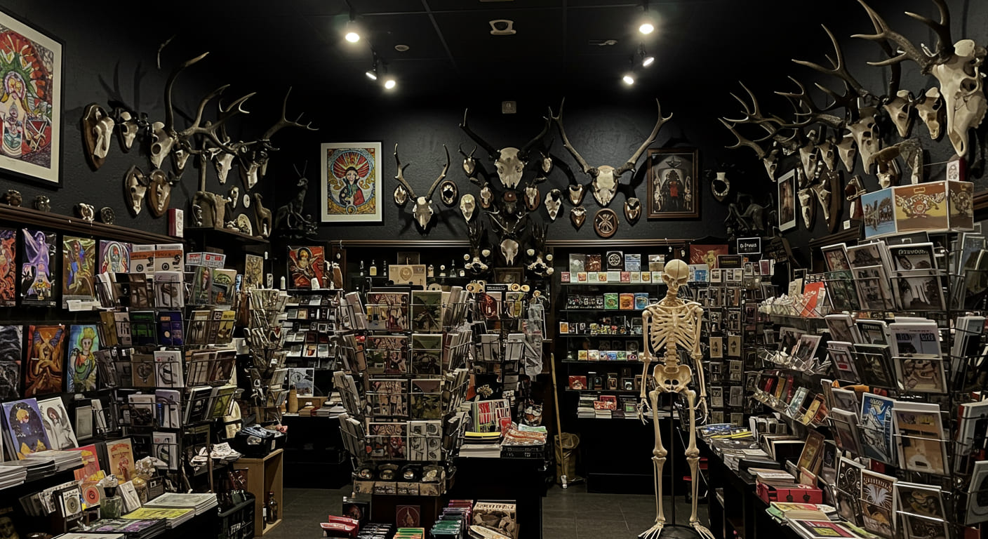 Dark interior of Hail, Dark Aesthetics shop featuring skeleton display, animal skulls mounted on walls, and art merchandise