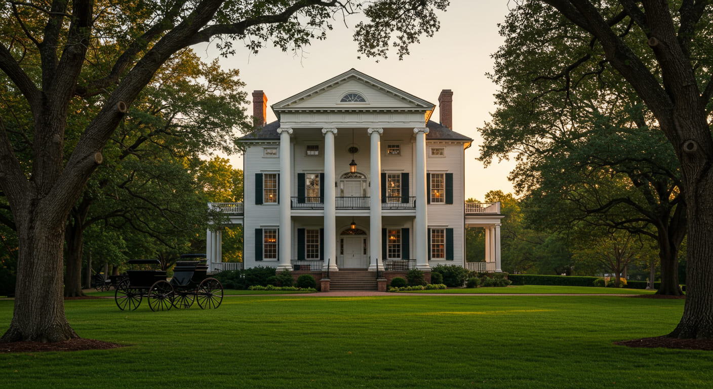 White antebellum plantation house with tall columns and triangular pediment framed by large oak green trees