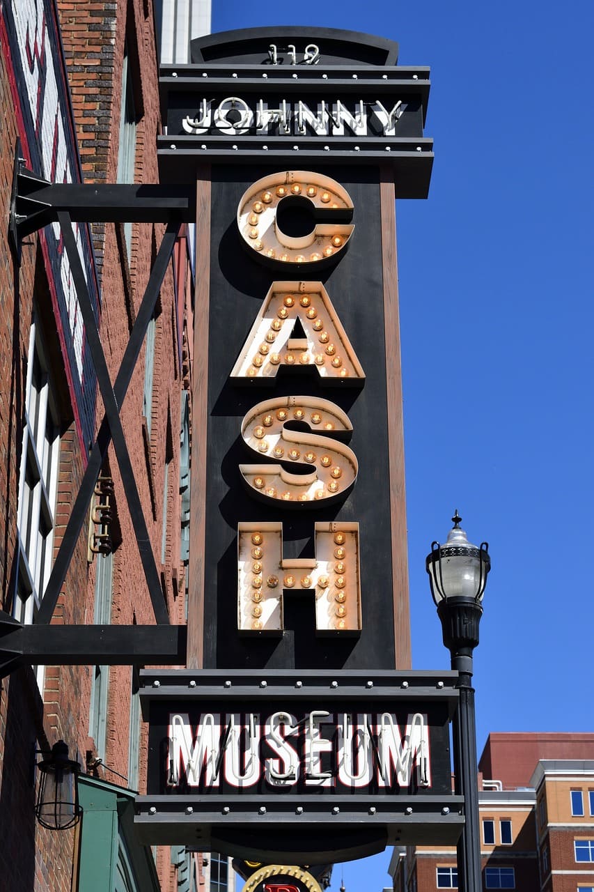 Iconic Johnny Cash Museum in downtown celebrates the legendary country music artist's legacy with illuminated display