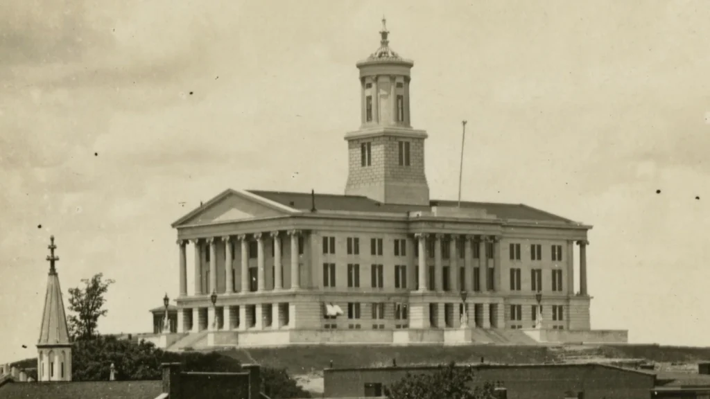 Historic black and white photograph of Tennessee State Capitol showing its architectural design by architect William Strickland