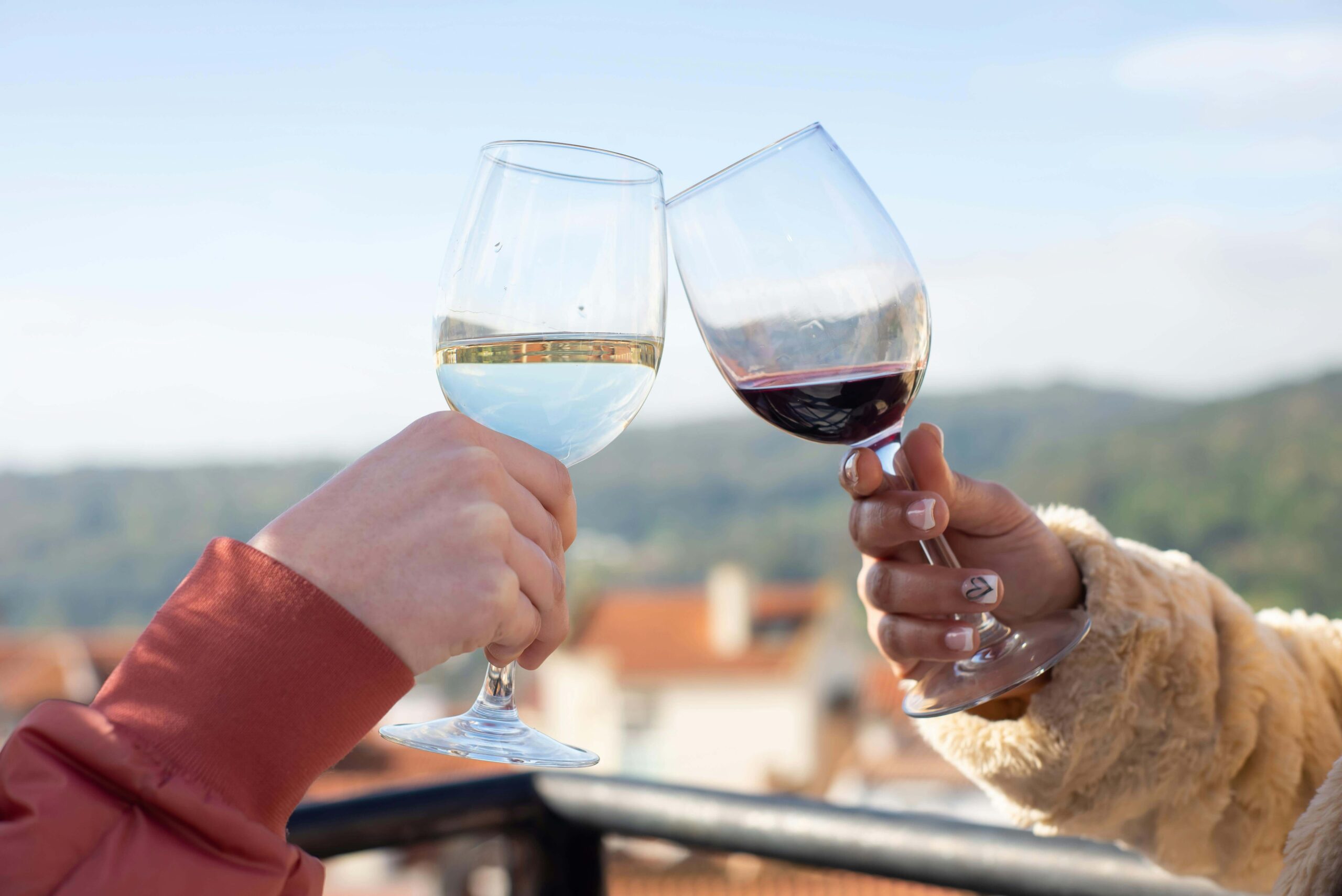Two hands toasting with wine glasses - white and red wine against Nashville mountains landscape background