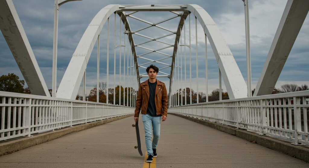 White arch pedestrian bridge with a person walking forward holding a skateboard, wearing brown leather jacket and light jeans under cloudy sky