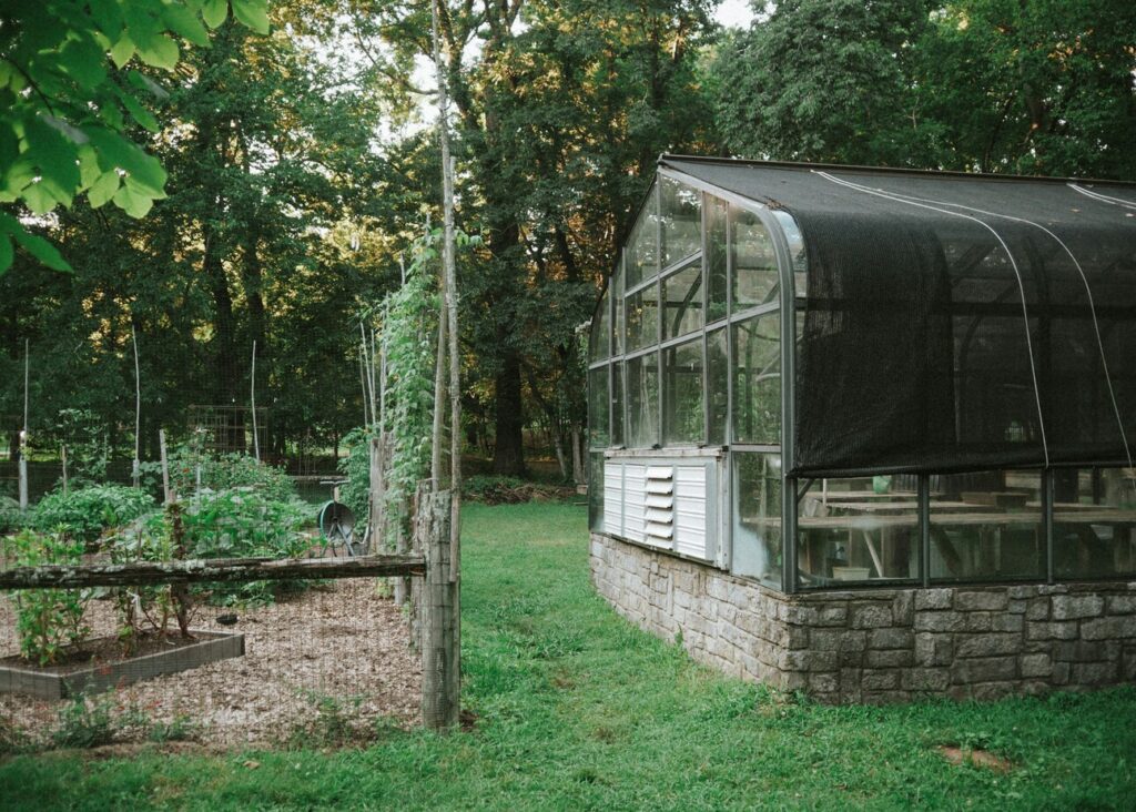 Vintage glass greenhouse at Warner Park, built on stone, framed by lush gardens and natural growth.