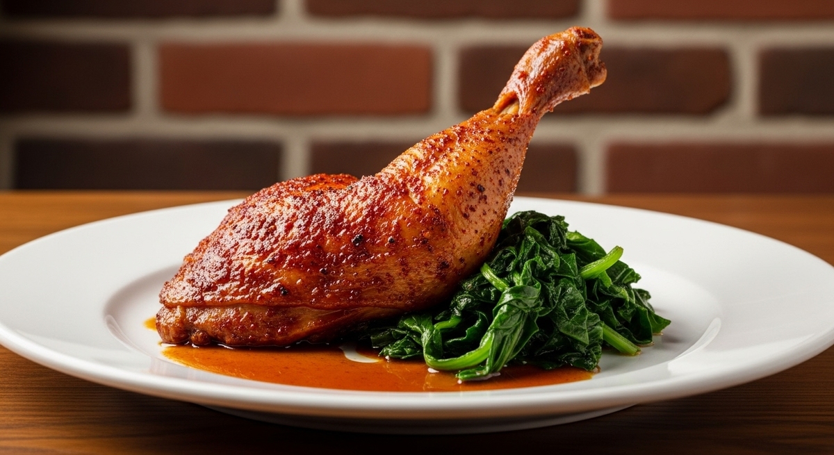 Golden and red roasted chicken with greens showcasing best restaurants in nashville downtown comfort food offerings