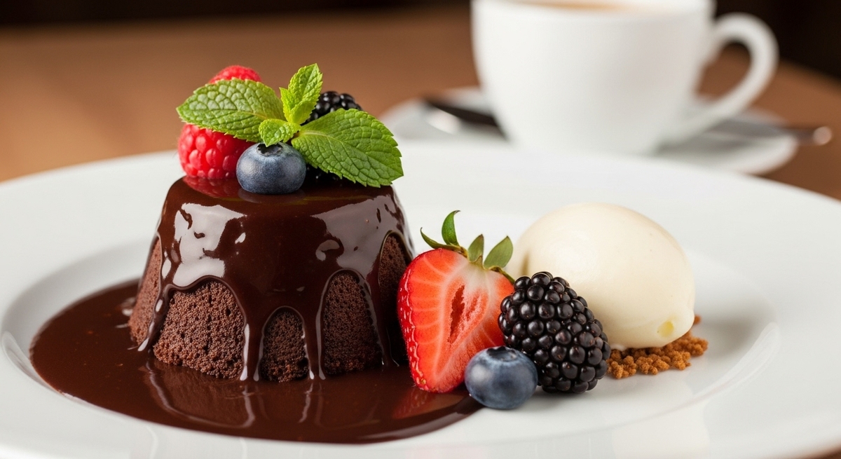 Decadent handcrafted chocolate dessert with berries from best restaurants in vibrant Nashville downtown fine dining scene.