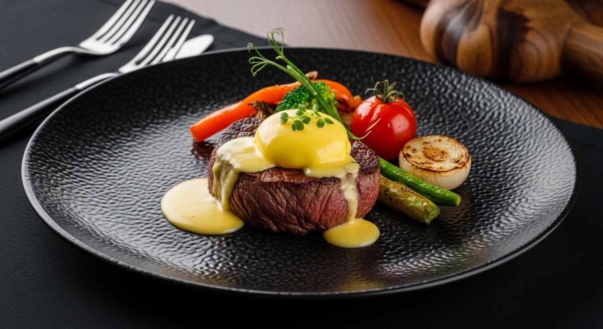Beef tenderloin with yellow sauce and vegetables at best restaurants in nashville downtown fine dining spots