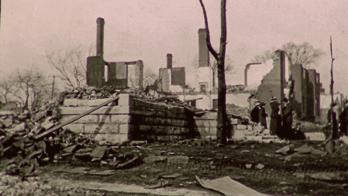 East Nashville History: Historic black and white photograph showing destroyed buildings and debris aftermath from devastating disaster