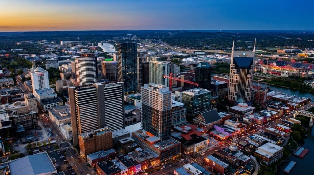 Aerial view of Nashville Tennessee skyline showing why it is a good place to live with vibrant city life and neighborhoods