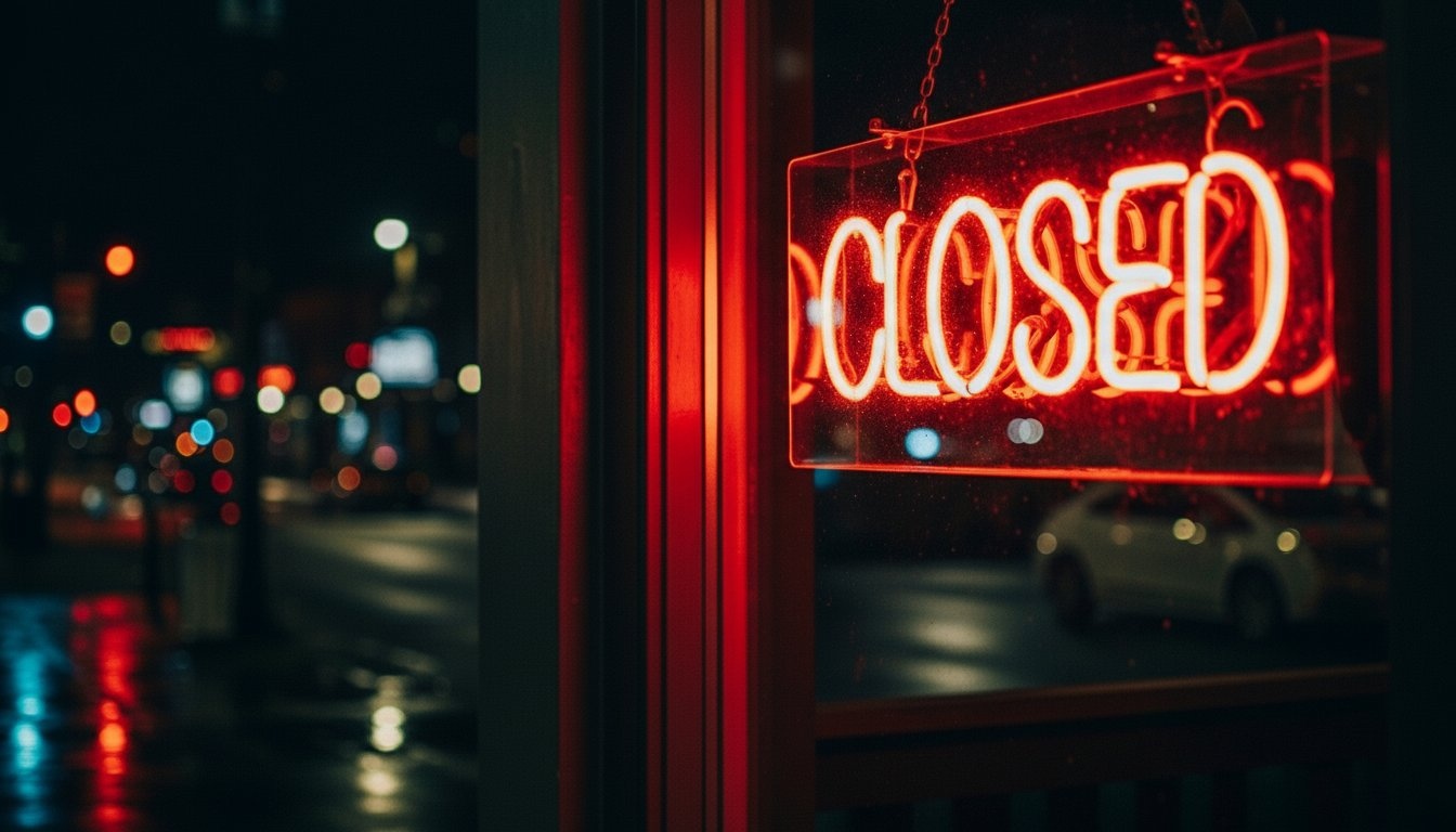 Neon closed sign hanging on a Nashville bar door showing when do bars close in Nashville at night
