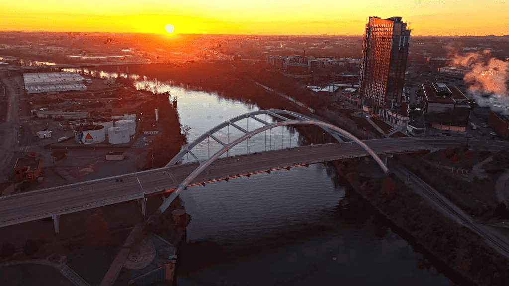Scenic Cumberland River with Korean War Veterans Bridge at sunset, highlighting Nashville's waterfront beauty during 3-days