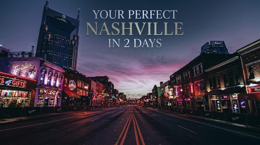 Nashville in 2 days view of Lower Broadway at dusk with neon lit honky tonks and the AT&T building in the background