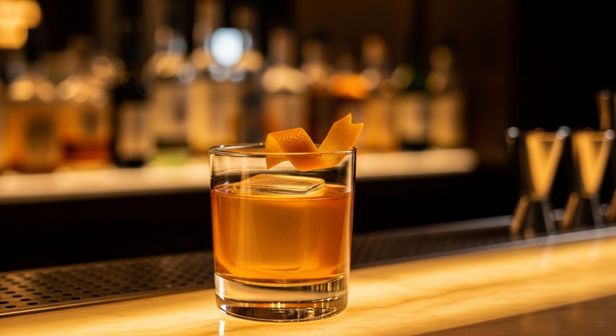 Craft cocktail with curl orange garnish from best restaurants in nashville downtown bar scene establishments