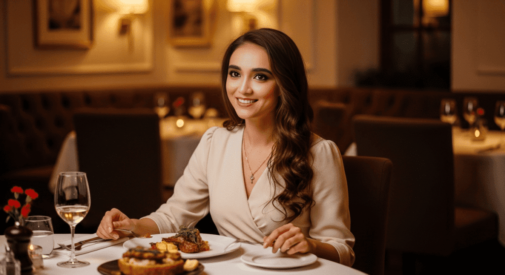 Elegant woman enjoying fine dining experience at best restaurants in nashville downtown upscale establishments during Christmas
