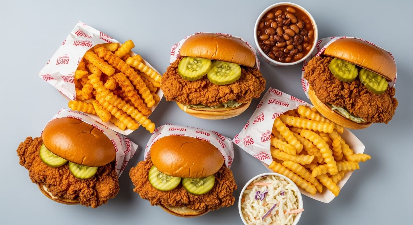 Best hot chicken in Nashville sandwiches with waffle fries, beans, coleslaw spread across table with branding