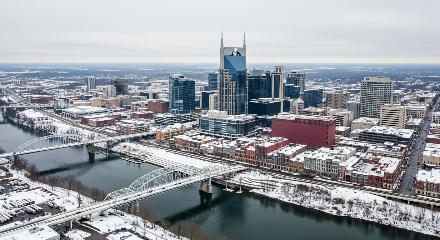 erial view of Nashville downtown skyline covered in snow confirming does it snow in nashville during winter months