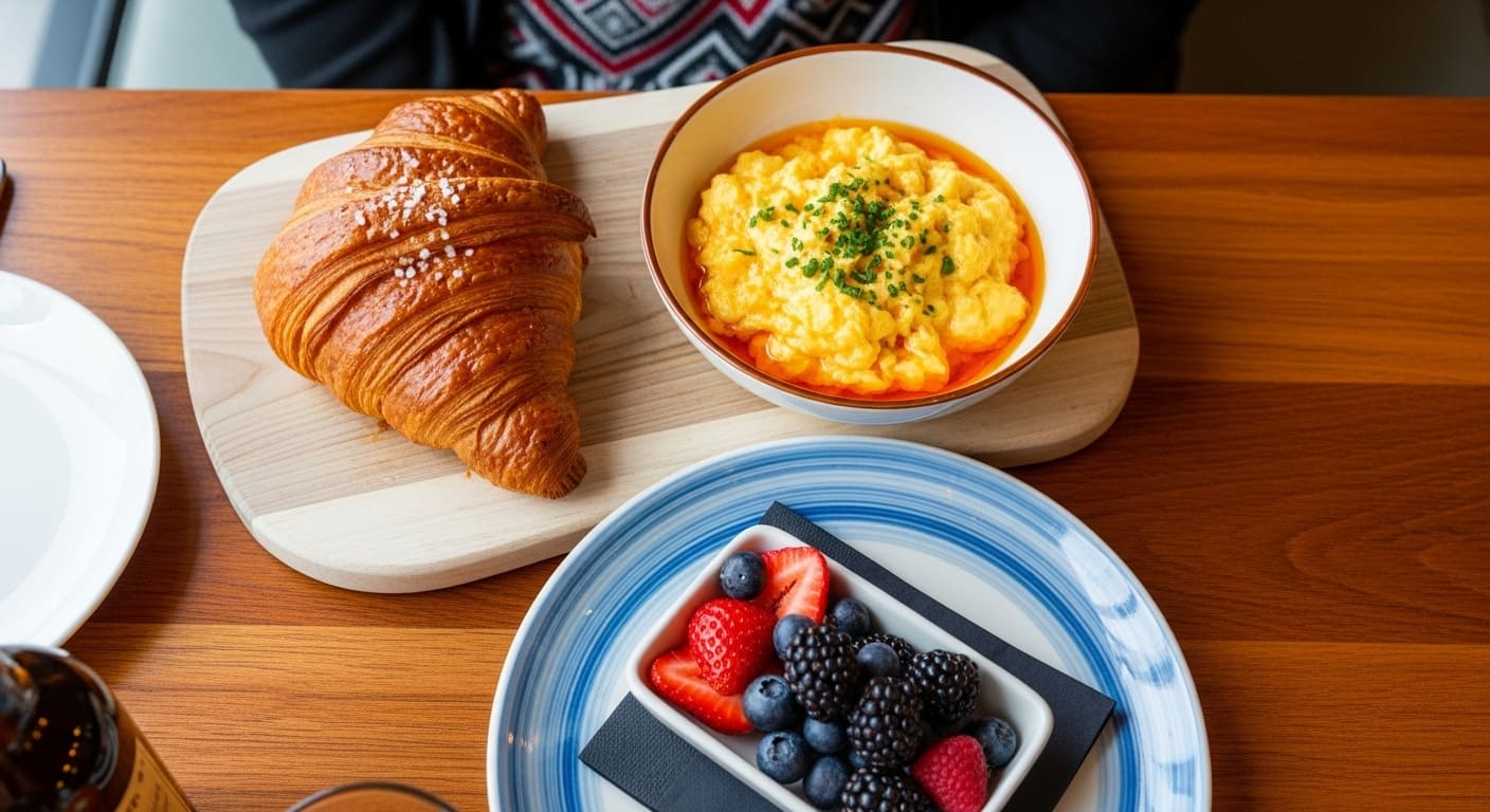 French croissant with fluffy scrambled eggs and fresh berries at upscale Nashville breakfast restaurant with artisanal presentation