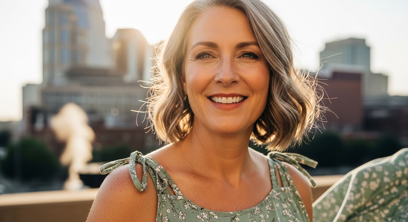 Woman in floral green dress with city backdrop - Nashville summer outfit perfect for rooftop bars and events