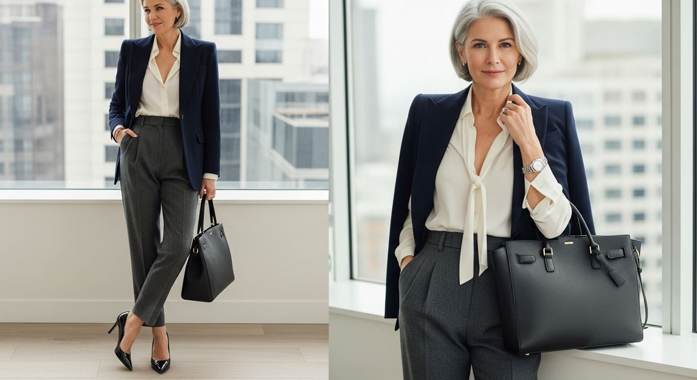 Professional woman in navy blazer and gray trousers with handbag - Nashville business attire outfit inspiration