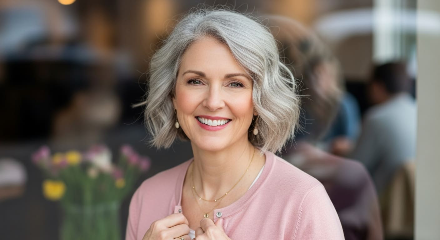 Smiling woman in soft pink cardigan - comfortable casual Nashville fashion for everyday wear and dining out