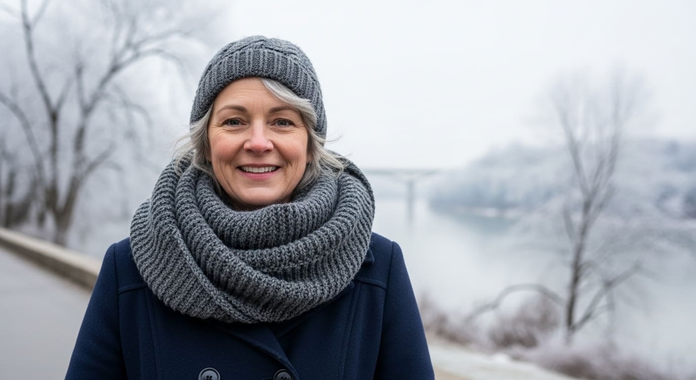 Woman wearing gray knit beanie and scarf with navy coat - perfect winter Nashville outfit for cold weather days