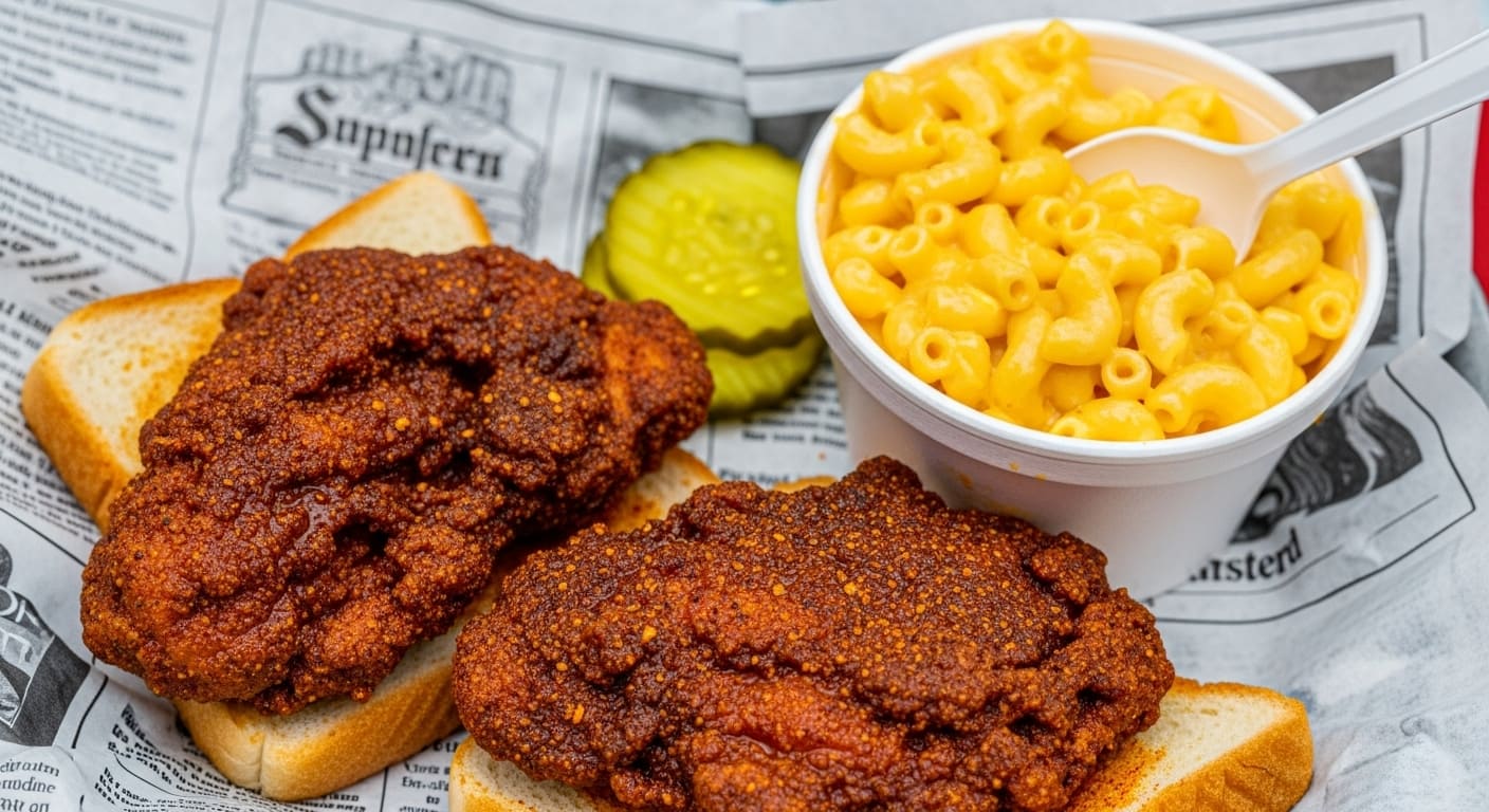 hot chicken in sandwich with mac and cheese, pickles, and white bread on newspaper backdrop at Granddaddys