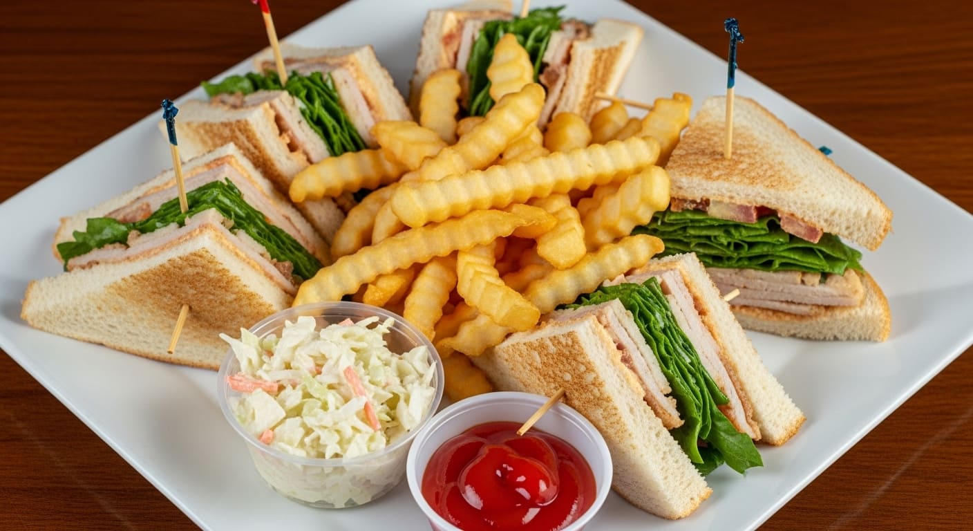 Classic club sandwich with waffle fries, coleslaw and ketchup served at midtown showcasing hearty American breakfast fare