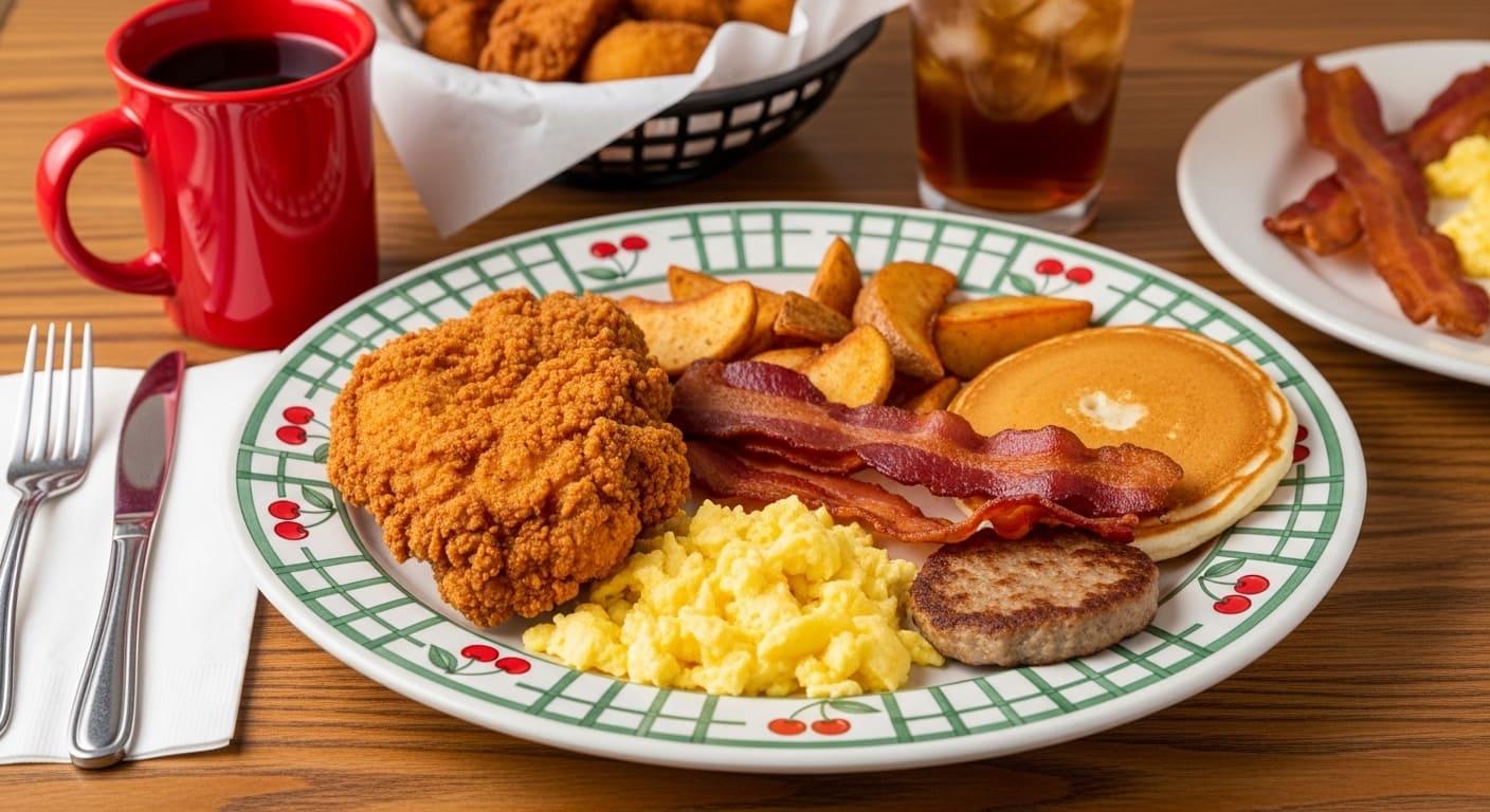 Southern comfort breakfast plate at Nashville restaurant featuring fried chicken, scrambled eggs, bacon, sausage, pancakes and home fries
