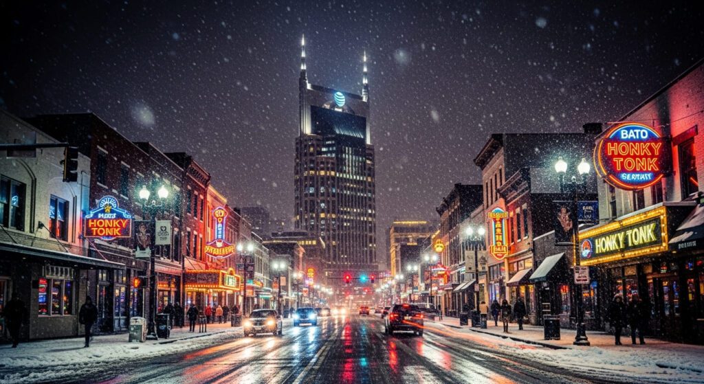 Nashville's Broadway district covered in snow at night proving does it snow in nashville with heavy snowfall downtown
