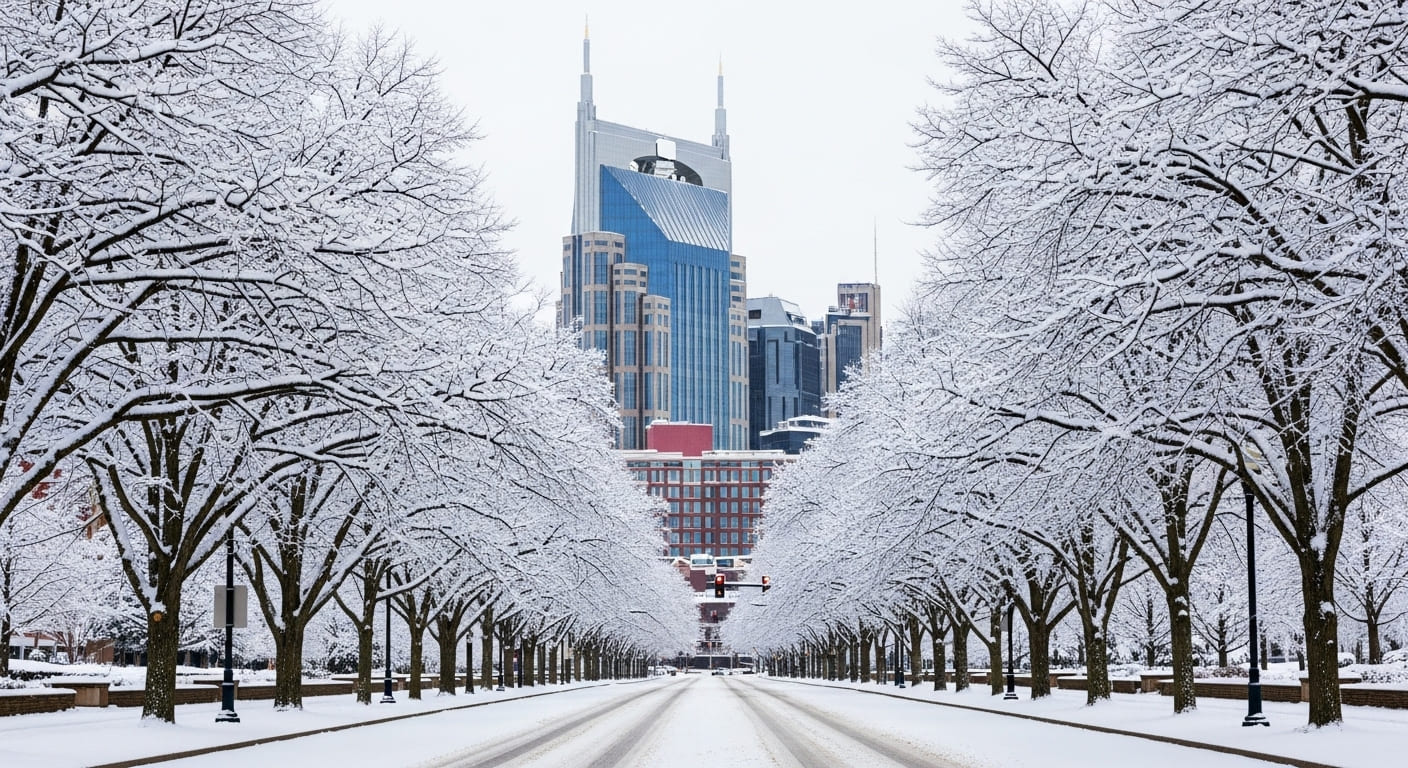 Nashville downtown skyline framed by snow-laden trees along boulevard answering does it snow in nashville question