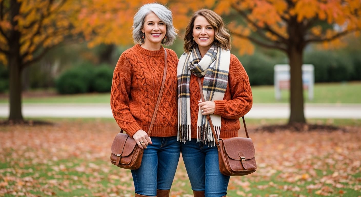 Two women in matching orange cable-knit sweaters and jeans - ideal Nashville fall fashion for autumn weather