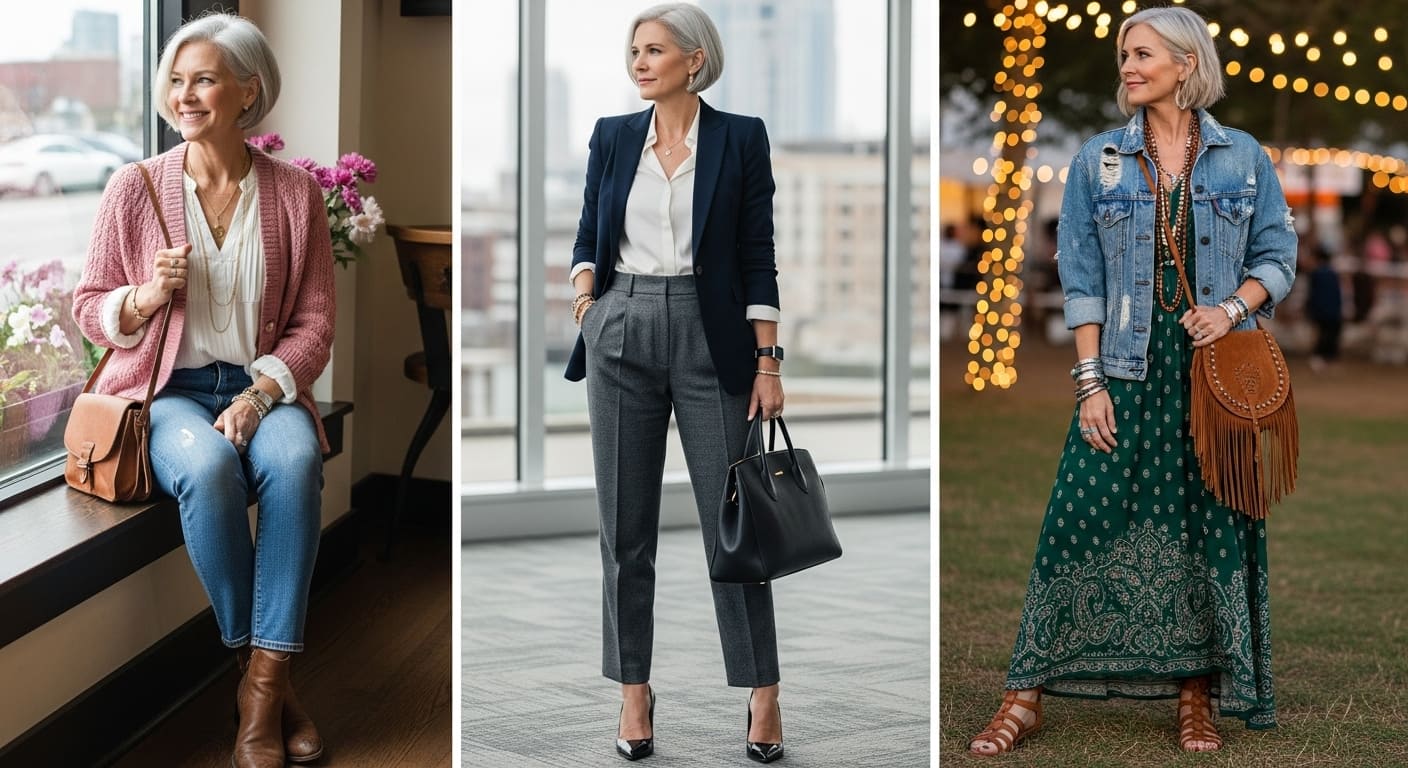 Three Nashville fashion looks: pink cardigan casual, navy blazer professional, denim jacket bohemian style