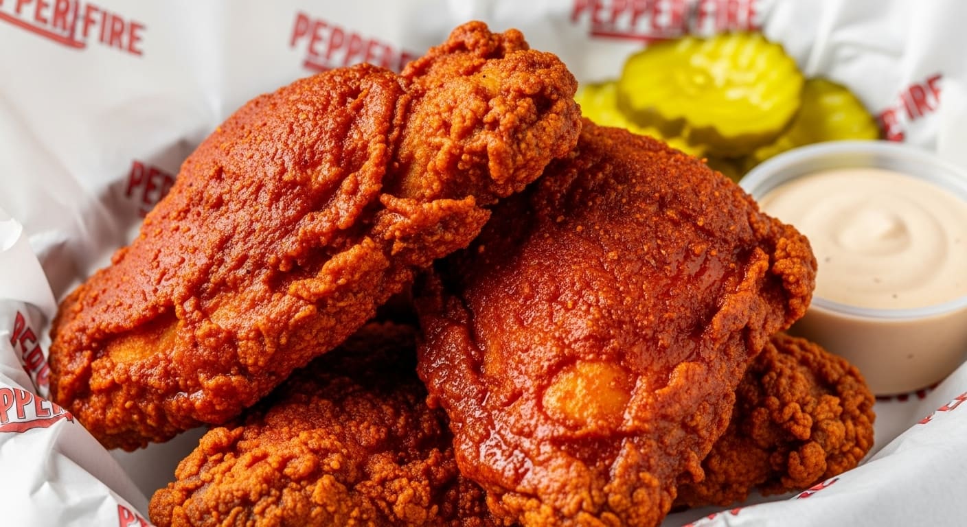 Spicy best hot chicken in Nashville pieces with creamy sauce and pickles served on branded restaurant paper