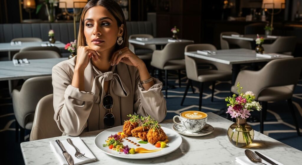 Elegant dining experience featuring gourmet fried chicken at upscale cafe with sophisticated modern atmosphere in nashville