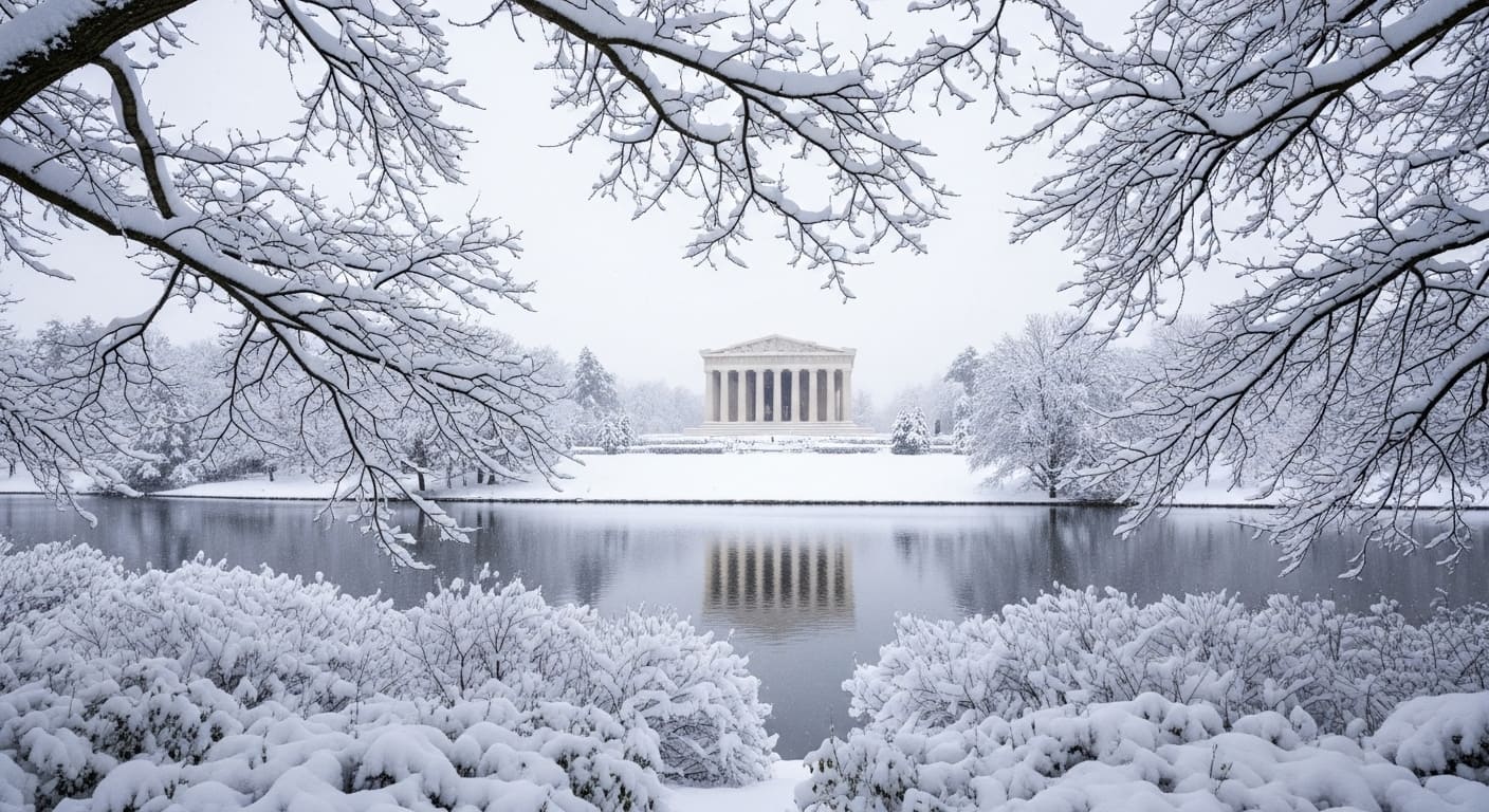 Snow-laden trees frame the Parthenon with water reflection demonstrating does it snow in nashville scenery