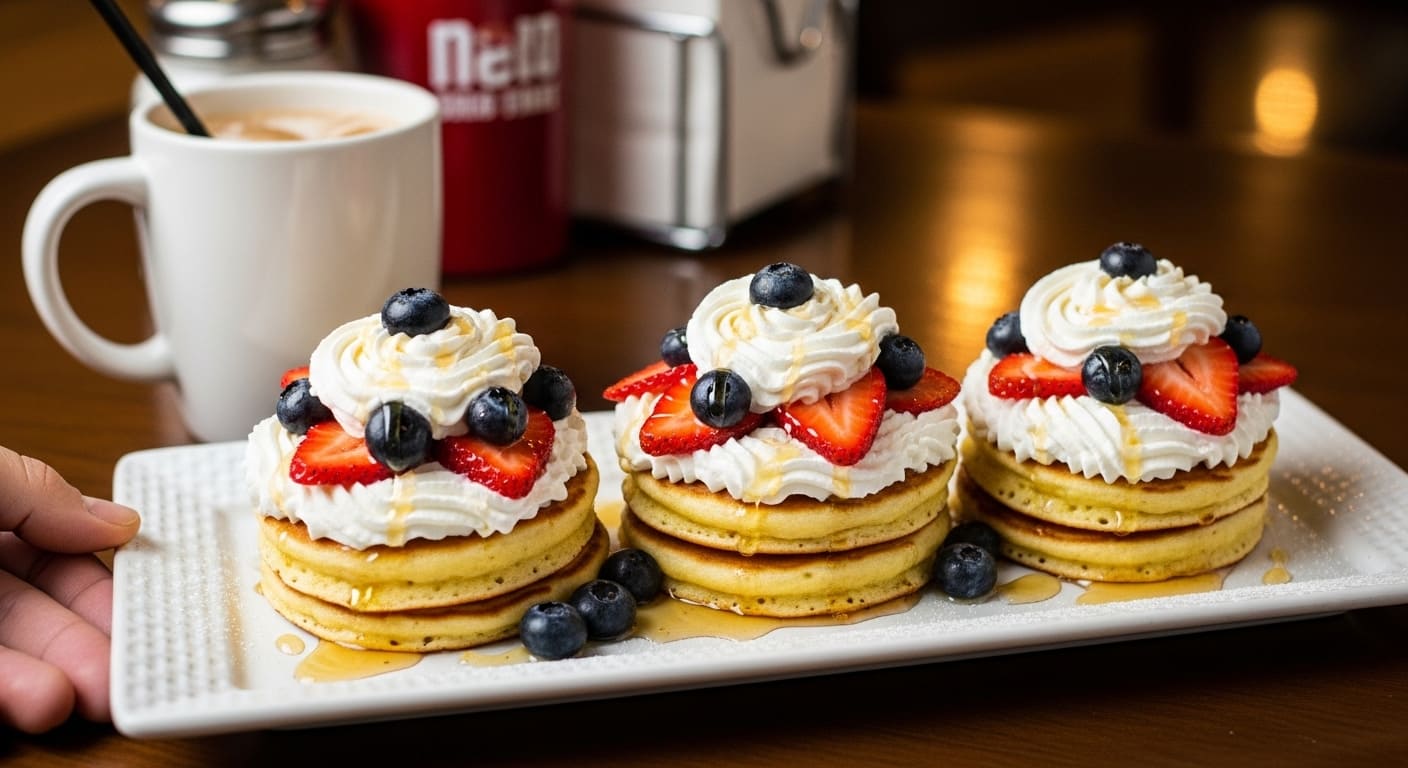 Gourmet pancake stacks with berries and whipped cream showcasing Nashville's finest breakfast dining experiences at Sun Diner