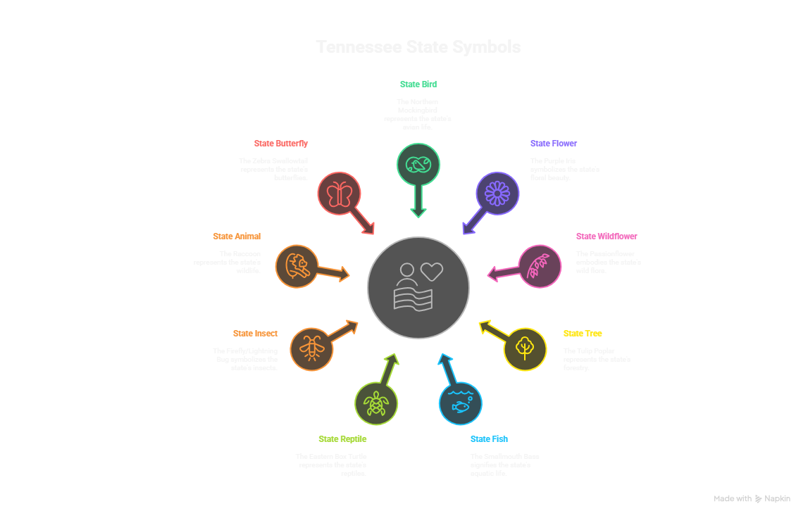 Tennessee Facts nature symbols diagram displaying state bird, butterfly, flower, animal, insect, and tree icons