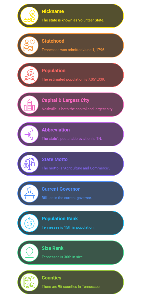 Tennessee Facts informational graphic with state nickname, statehood date, population, and capital details