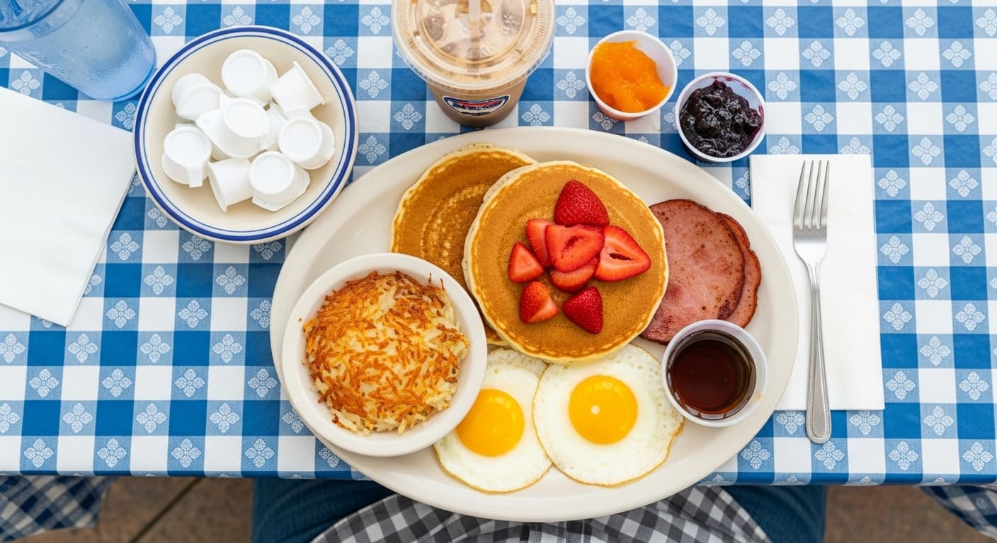Delicious Nashville breakfast platter with fluffy pancakes, crispy bacon, eggs and hash browns at top breakfast spot