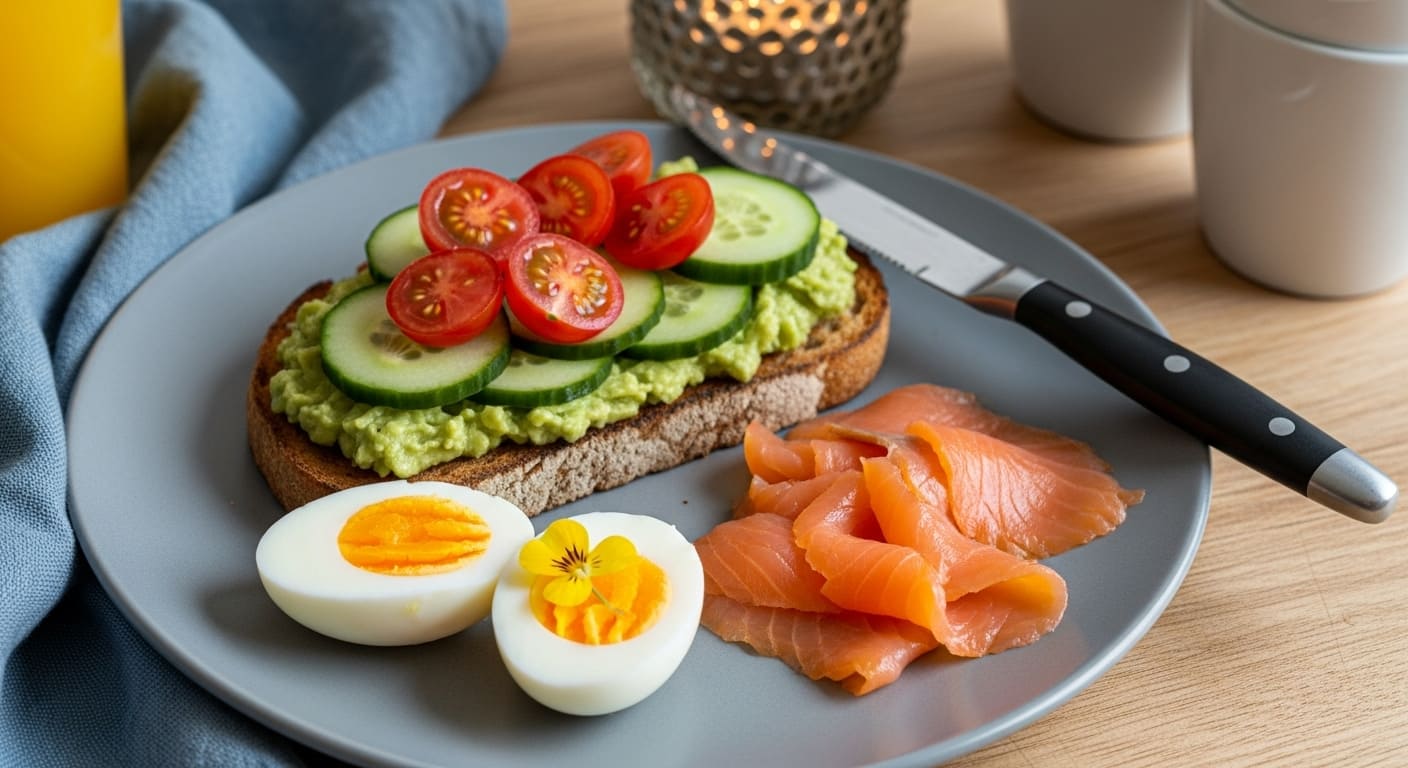 Healthy avocado toast with smoked salmon and soft-boiled eggs from Nashville's top-rated breakfast cafe brunch menu