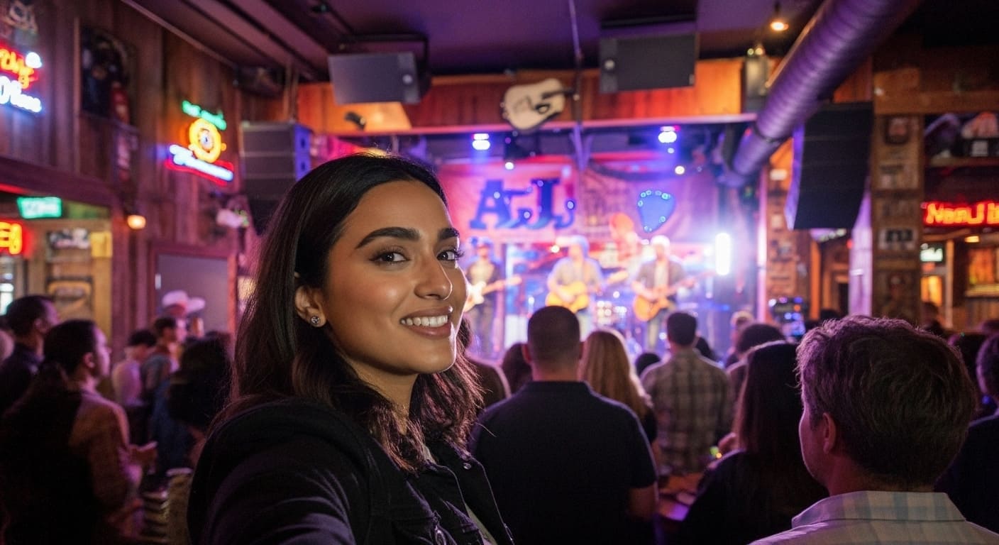 Priya with college friends experiences powerful live performance at AJ's lively Nashville honky tonk restaurant scene