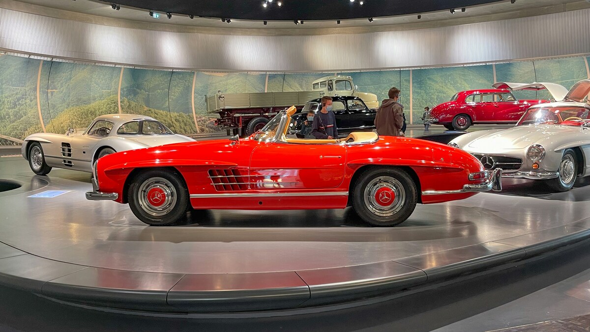 Classic red Mercedes convertible in international auto show display among vintage cars, things to do in Nashville in November show