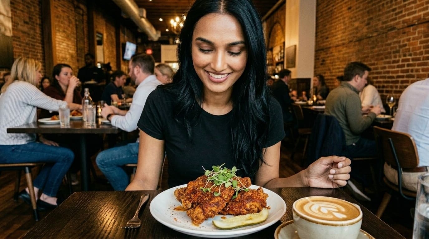 Woman sitting at a restaurant table with a plate of best hot chicken in Nashville and a latte in front of her