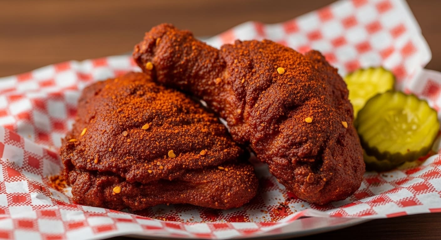 Dark spiced best hot chicken in Nashville pieces on checkered cloth with pickle slices and seasoning visible