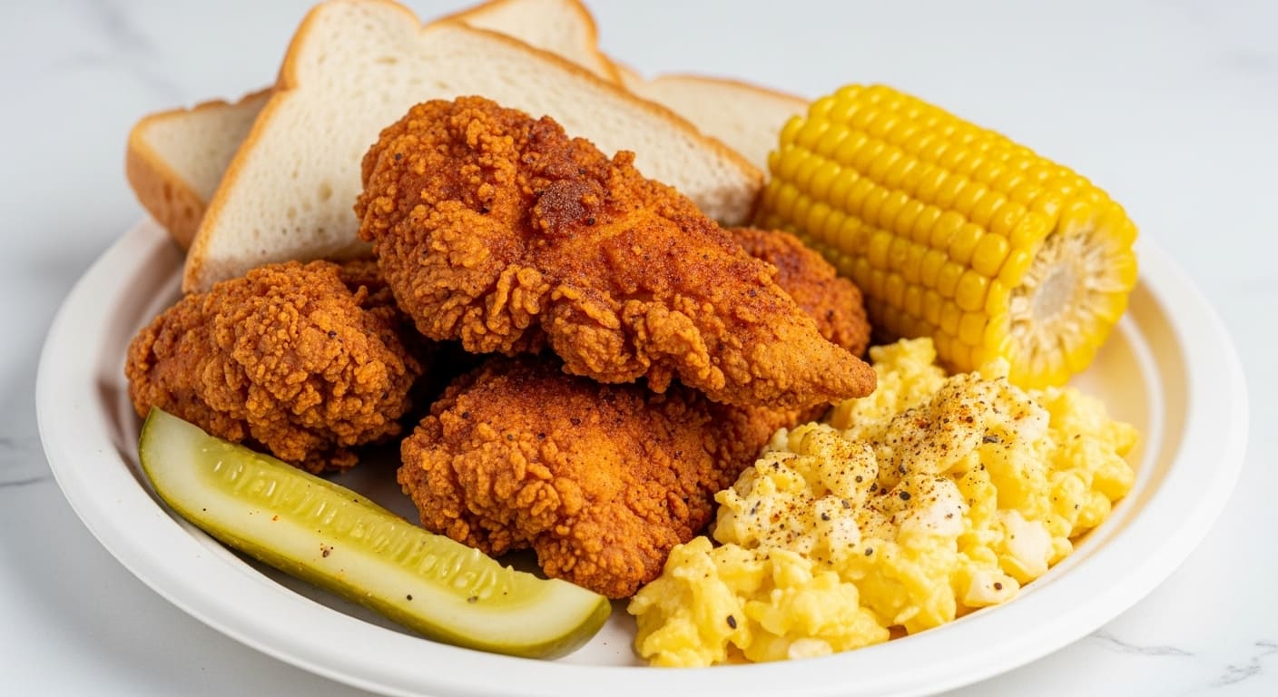 chicken in Nashville served with classic sides like mac and cheese, corn, pickles, and white bread