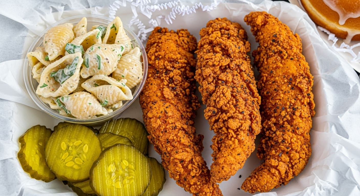 Nashville featuring crispy and juicy fried chicken tenders with creamy white pasta salad and tangy pickle slices